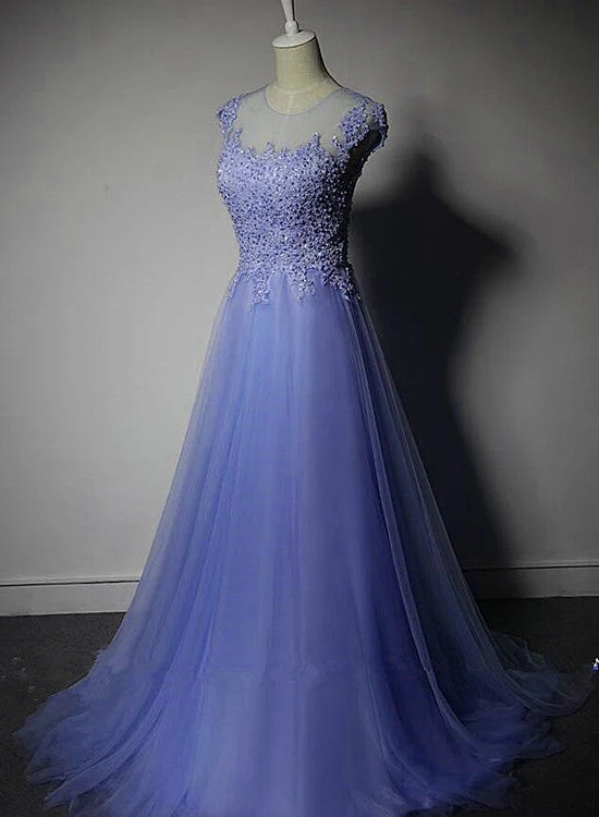 Solvbao Cute Purple Tulle A-line Bridesmaid Dress, Lace Applique Prom Dress - Deanwangkt