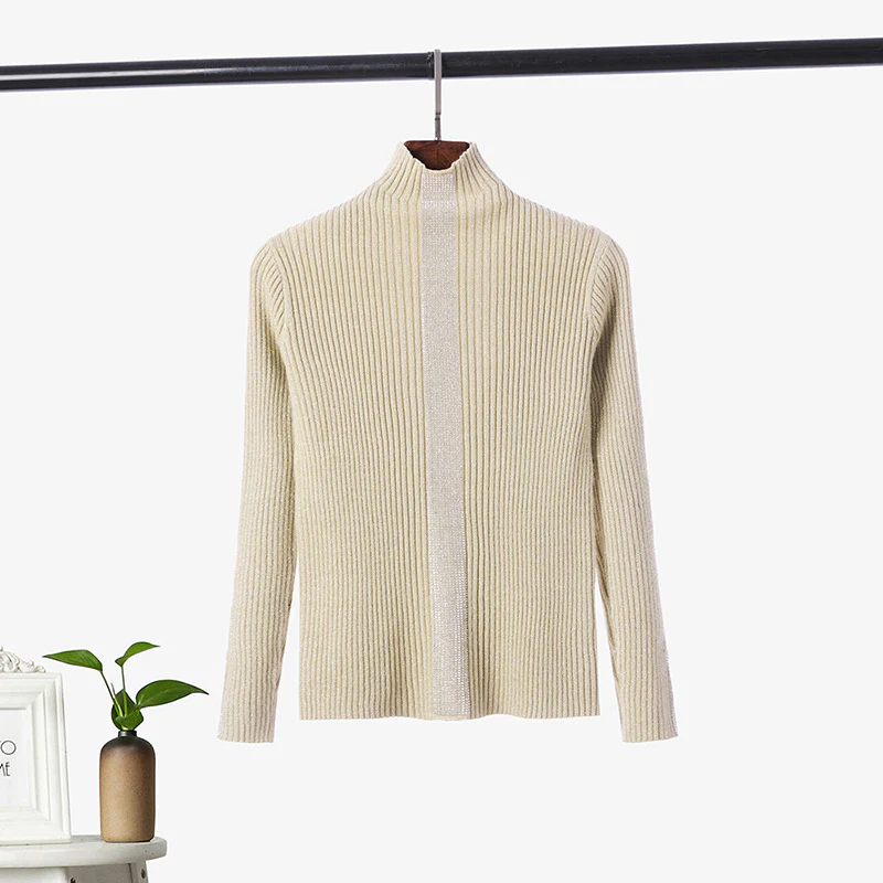 DEANWANGKT Semi-turtleneck thick knitted sweater women's long-sleeved autumn and winter new hot diamond pullover slim-fitting versatile bottoming shirt top - Deanwangkt