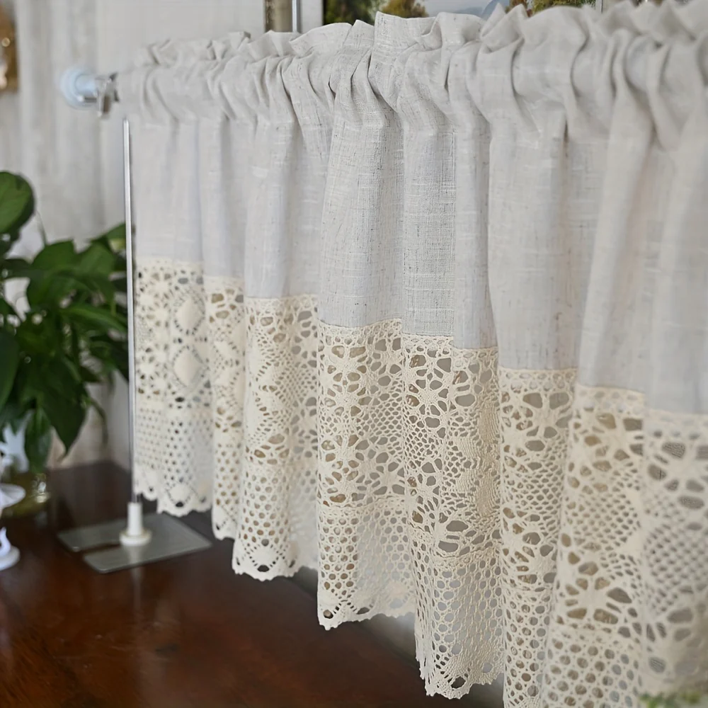 1pc Vintage Half Curtain - Crochet Hollow Short Curtain with Cotton Linen Splicing, Rod Pocket Top, Perfect for Small Window, Restaurant, Kitchen, Cafe, Living Room, Office, and Home Decor - Deanwangkt