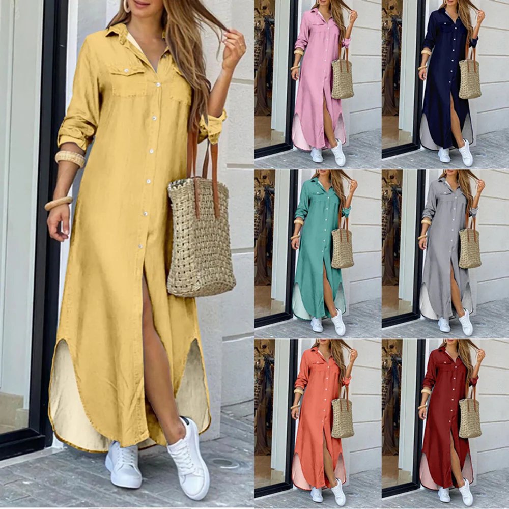 DEANWANGKT Cross-Border Women's Clothing  EBay New European and American Fall Winter Fashion Sexy Shirt Maxi Dress Women - Deanwangkt