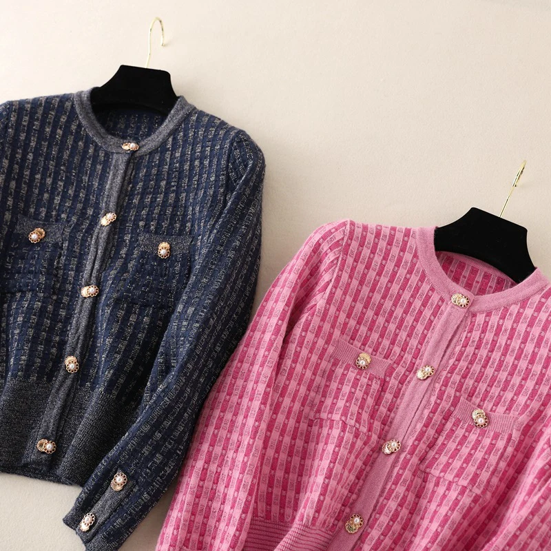 DEANWANGKT Xiaoxiang waist cardigan women's pink plaid temperament crew neck jacket autumn and winter thick sweater pearl buckle top tide - Deanwangkt