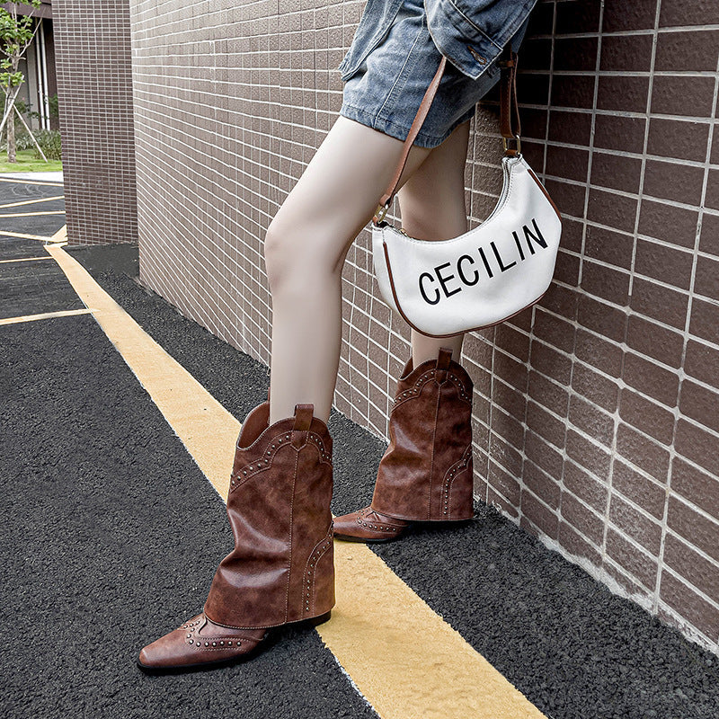 Factory in Stock Rivet Pants Tube Boots Fried Street Height Increasing Hot Girl Wear below the Knee Knight Boots Retro Western Cowboy Boot - Deanwangkt