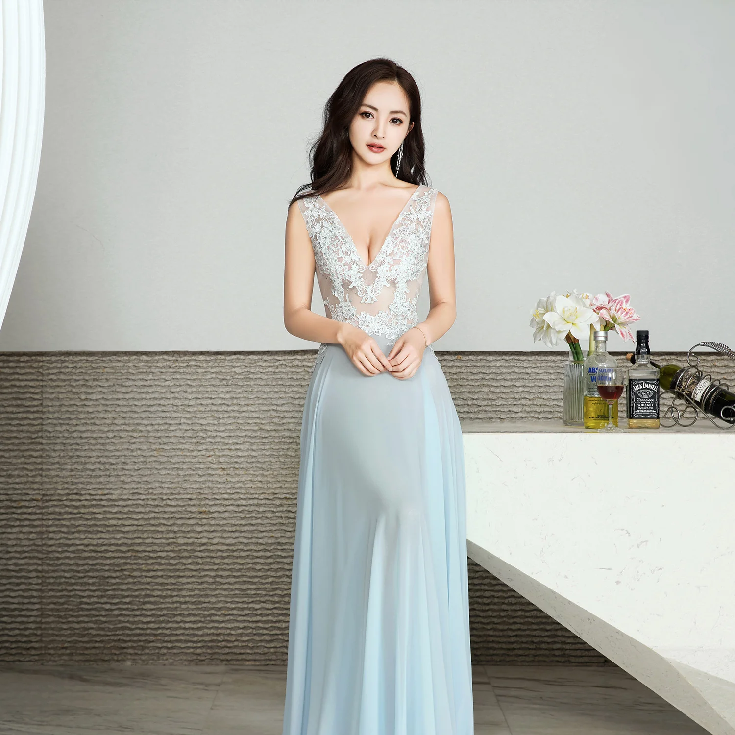 2025 Sexy perspective dress, evening dress, lace, handmade slim-fitting deep V-neck hollowed-out long models, custom-made OEM from the car show - Deanwangkt