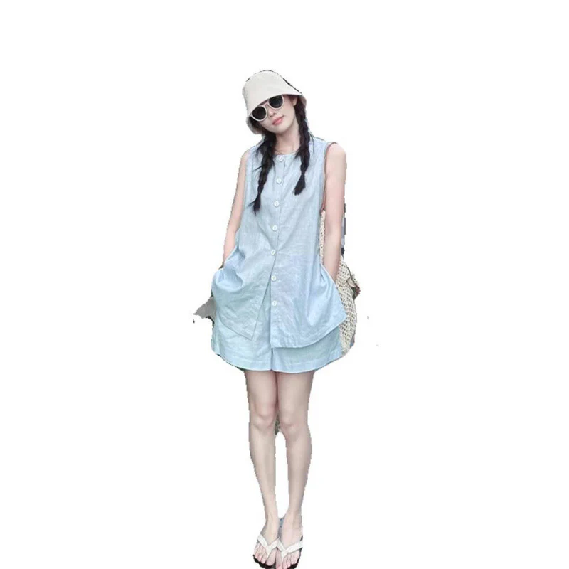 Linen sleeveless shirt set women's summer Korean wear fashionable loose vest elastic waist shorts two-piece set - Deanwangkt