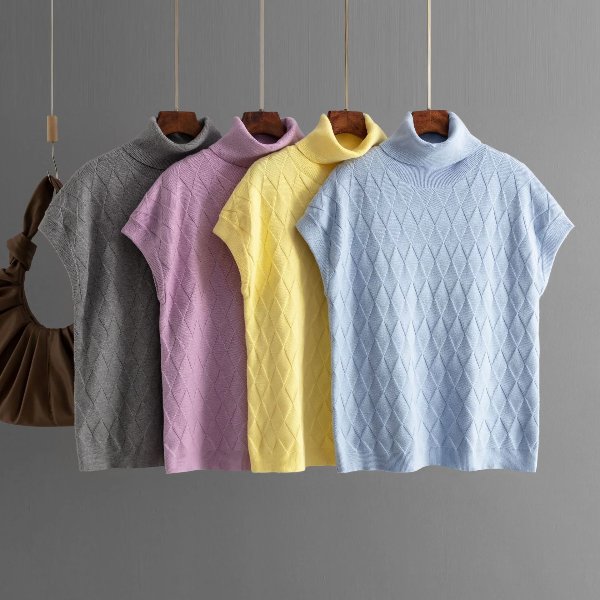 DEANWANGKT New autumn new turtleneck sleeveless knitted plaid sweater women's loose casual fashion thin top bottoming shirt - Deanwangkt