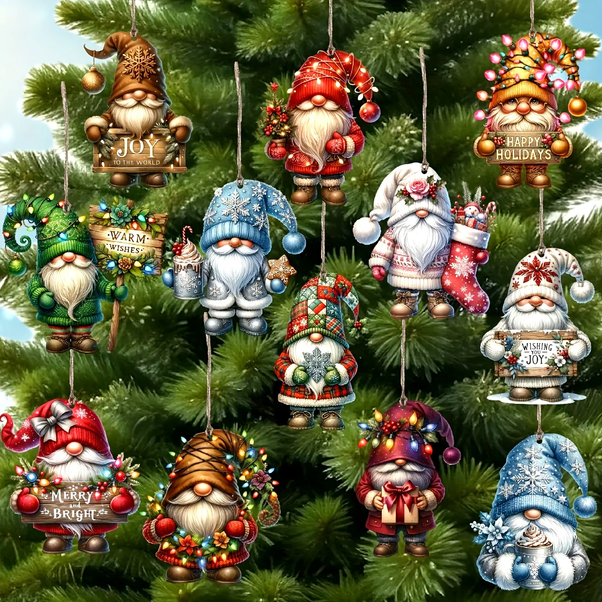 12 PCS Handcrafted Wooden Christmas Gnome Hanging Ornaments - No Batteries Required, Perfect Gift for the Holiday Season - Deanwangkt