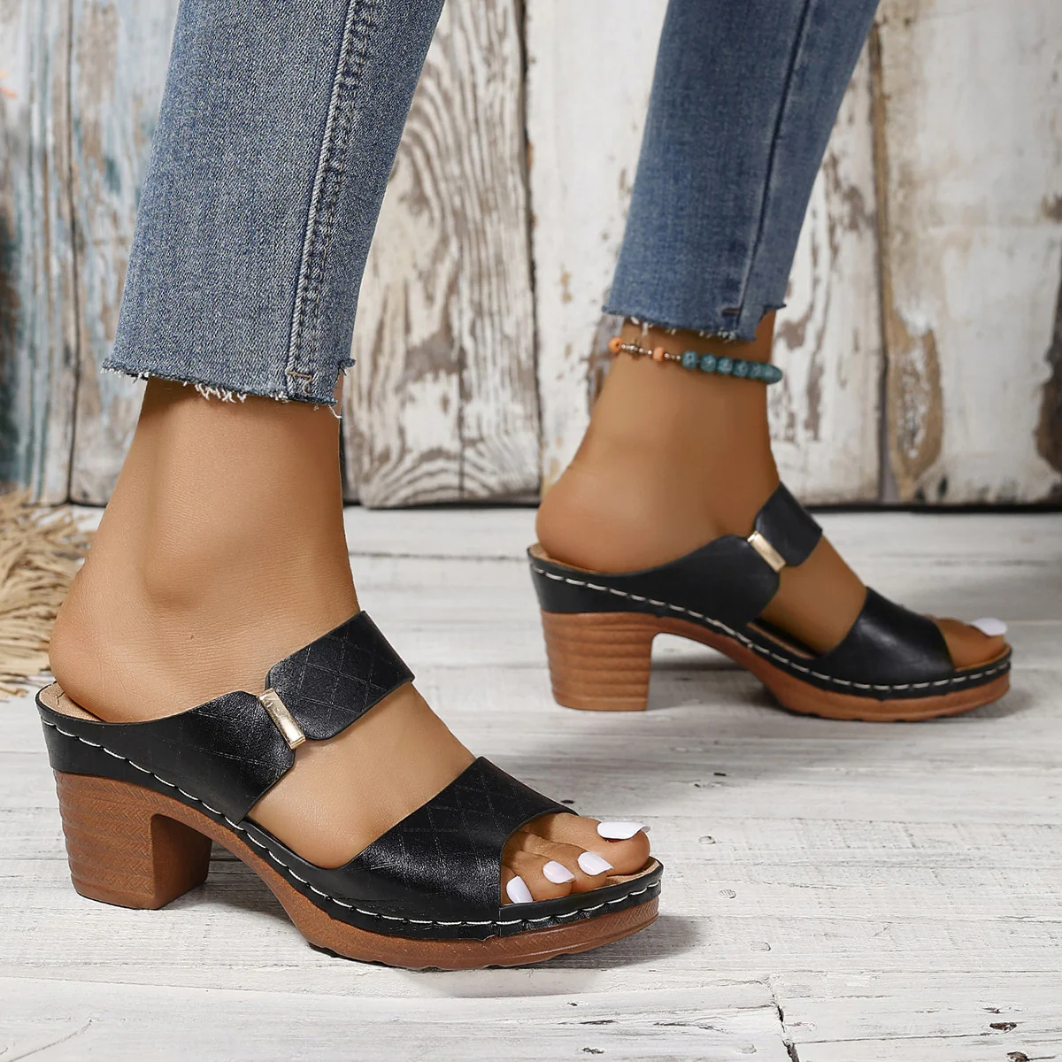 DEANWANGKT  European and American High Heel Ladies' Sandals Outer Wear New Cross-Border Thick Bottom Chunky Heel Sandals High Heels Women's Shoes - Deanwangkt