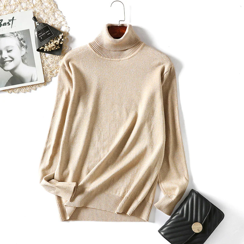 DEANWANGKT 2018 new simple women's sweater turtleneck long-sleeved thick knitted bright thread jumper slim Korean version bottoming shirt - Deanwangkt