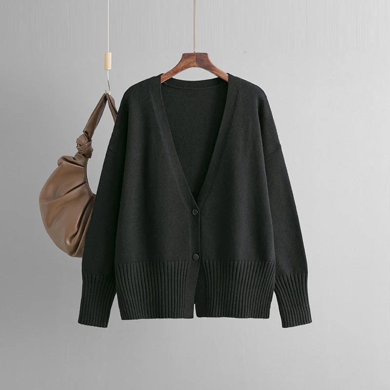DEANWANGKT Cross-border women's clothing New autumn and winter new V-neck knitted cardigan solid color loose sweater jacket top - Deanwangkt