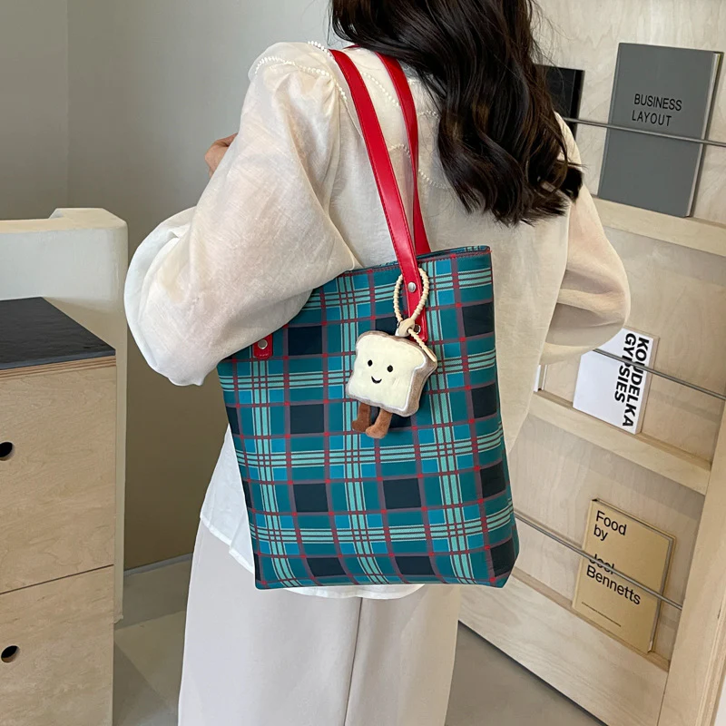 DEANWANGKT 2025 Korean version of fashion plaid tote bag popular new large-capacity casual shoulder bag Popular trade retro Popular style shopping bag - Deanwangkt