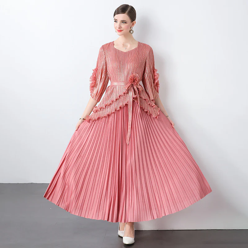 Pleated temperament suit  spring and summer new fashion and thin large size personalized top + pleated skirt two-piece set for women - Deanwangkt