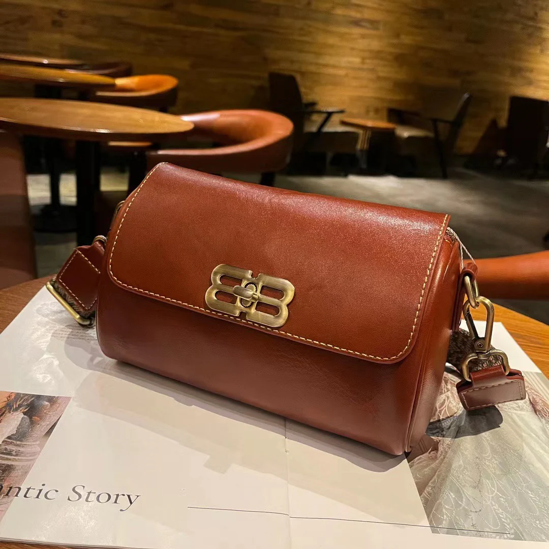 The first layer of cowhide vegetable tanned leather leather women's bag messenger bag retro small square bag big brand casual broadband versatile 834 - Deanwangkt