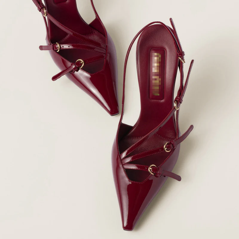 DEANWANGKT  Exclusive for Cross-Border Ankle-Strap Stilettos Square Toe High Heel Sandals Wine Red Closed Toe Fashion European and American Style Classy High Heels - Deanwangkt