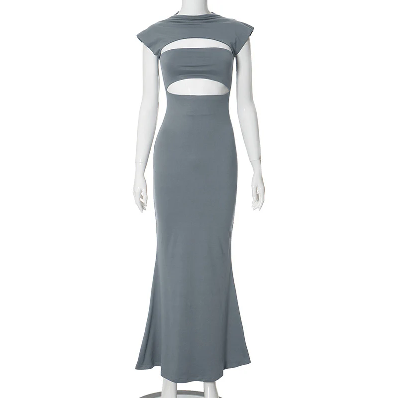 2025 M23DS613  women's clothing winter new solid color casual round neck sleeveless hollow tube top hip long dress - Deanwangkt