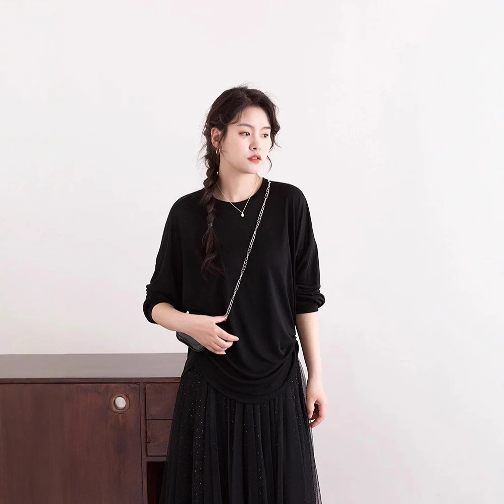Siyuan minimalist row style large silhouette blouse long-sleeved T-shirt delicate nude and thin sunscreen bottoming shirt women's summer 8945 - Deanwangkt