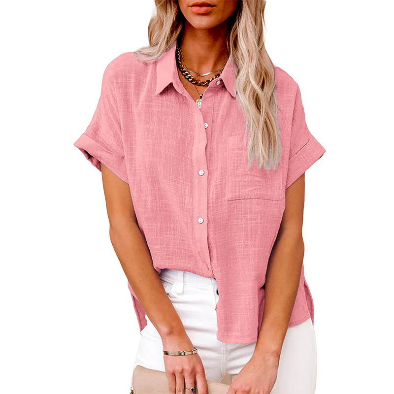 DEANWANGKT  Temu Summer New  Cross Border Women's Solid Color Linen Shirt Short Sleeve Casual Loose Shirt - Deanwangkt