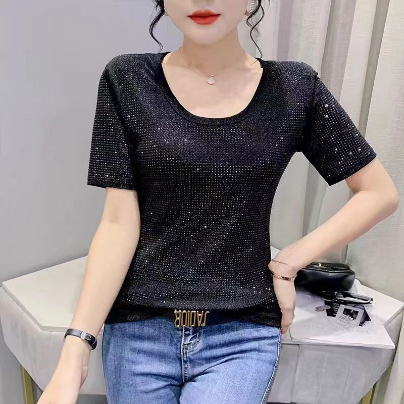 DEANWANGKT  European Goods Fashion Light Diamond off-Shoulder Short Sleeve T-shirt Female  Summer New Outdoor Western Style Slimming Top Shirt - Deanwangkt