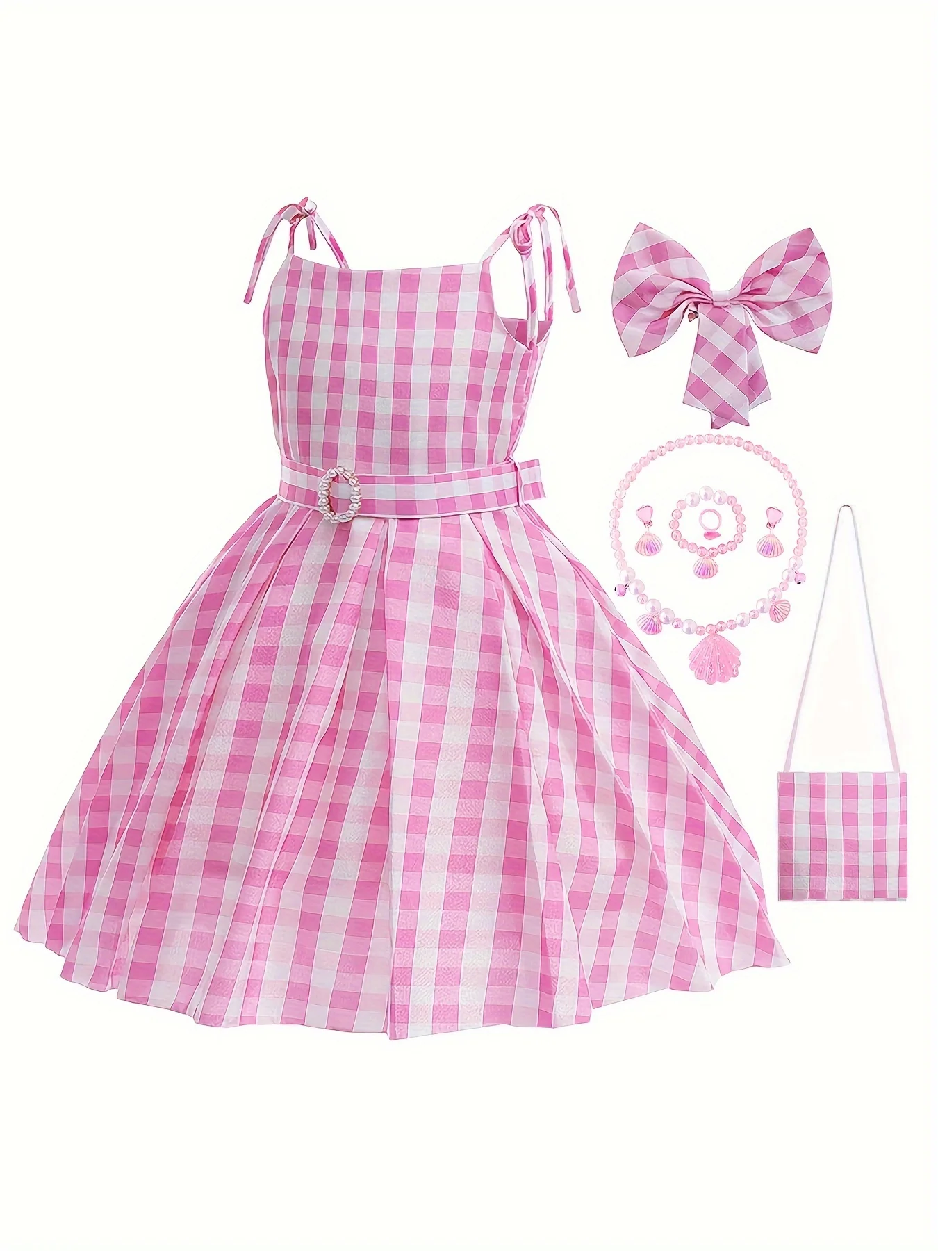 Knee-High Pink Plaid Girls Dress with Belt, Headwear, Backpack, and Jewelry - Cute Slingback Design, Non-Stretch Polyester Fabric, Flared Hem, Woven, Spring/Summer Wear - Deanwangkt