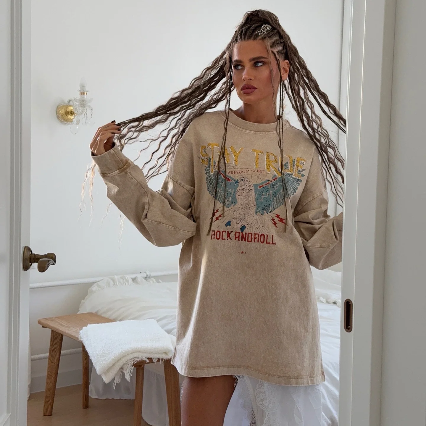 Summer new old eagle print medium and long long-sleeved loose sweater Spice girl crew neck top women's clothing - Deanwangkt