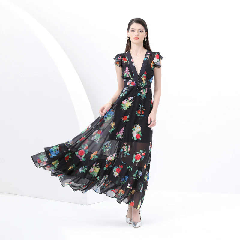 independent station women's clothing retro deep V-neck lantern sleeves wavy edge wide floral long dress two-piece set - Deanwangkt
