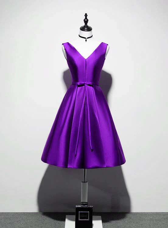 Solvbao Elegant V-neckline Satin Purple Short Prom Dress, Purple Bridesmaid Dress - Deanwangkt