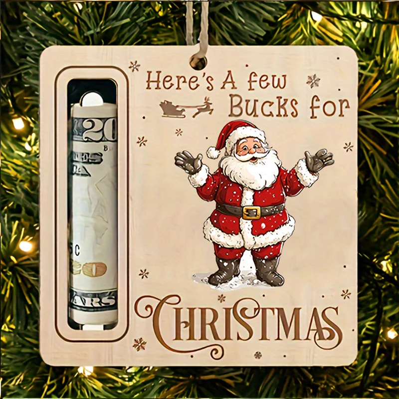 Christmas Tree Money Holder Ornament - Wooden Festive Tree Accessory with Santa, Reindeer Design - Hanging Christmas Decor with Cash Slot for Holiday Gifts - No Electricity or Feathers Required - Deanwangkt