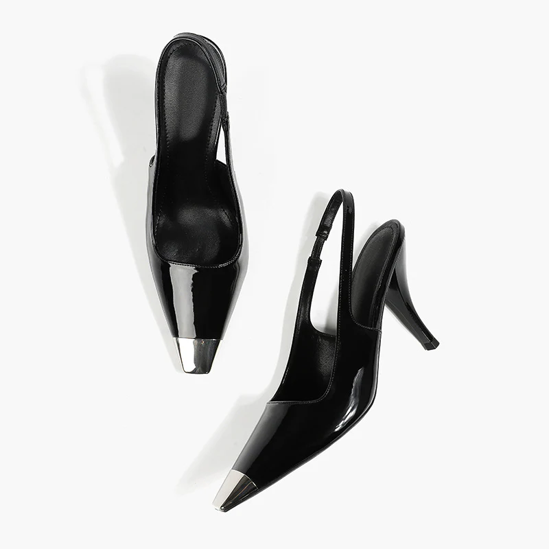 DEANWANGK  In Stock!  Summer Pu Caiying Same Style European and American Black and Hollow at the Back Square Toe Sexy Stiletto Heel High Heels Sandals for Women - Deanwangkt