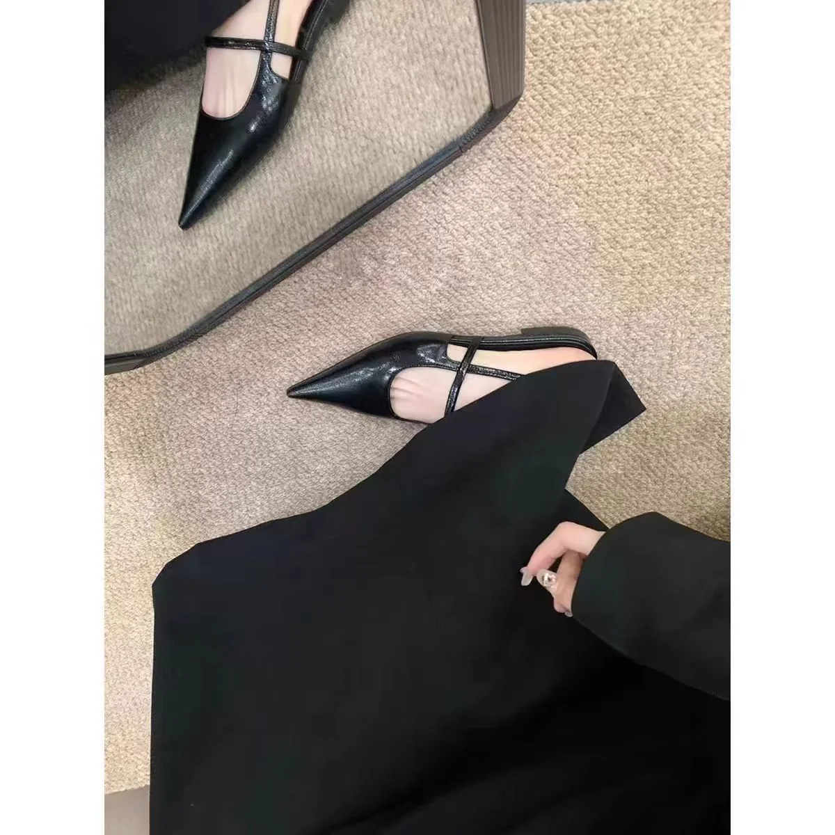 DEANWANGKT  Genuine Leather Pointed Stiletto Heels Ol Commuter Shoes Women's Spring and Summer New Low-Cut Flat Cat Heel Closed Toe Sandals - Deanwangkt