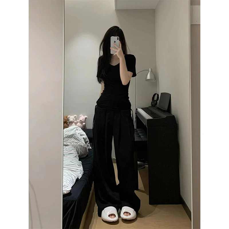 deanwangkt American Hot Girl V-neck Black Short-Sleeved T-shirt Women's Summer Pure Cotton Shoulder Tight-Fit Slim-Fit Figure Flattering Inner Bottoming Top - Deanwangkt