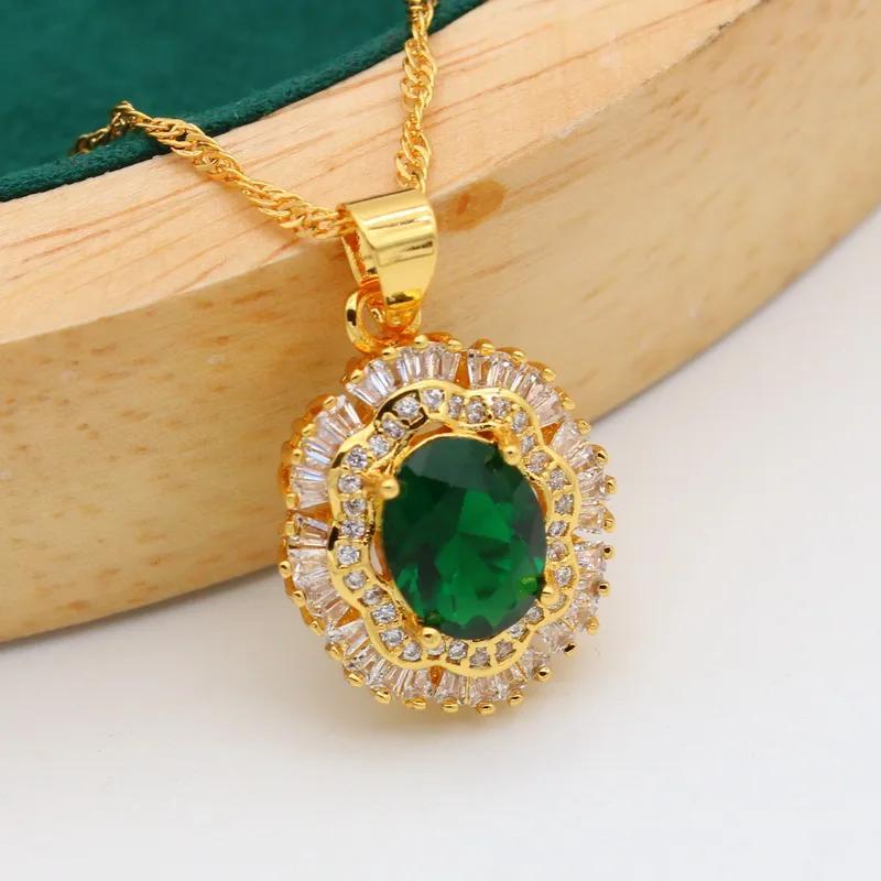 Stud Earrings + Ring + Necklace + Bracelet Elegant Jewelry Set 18k Gold Plated Inlaid Emerald Stone Wedding Jewelry Gifts For Eid - Deanwangkt