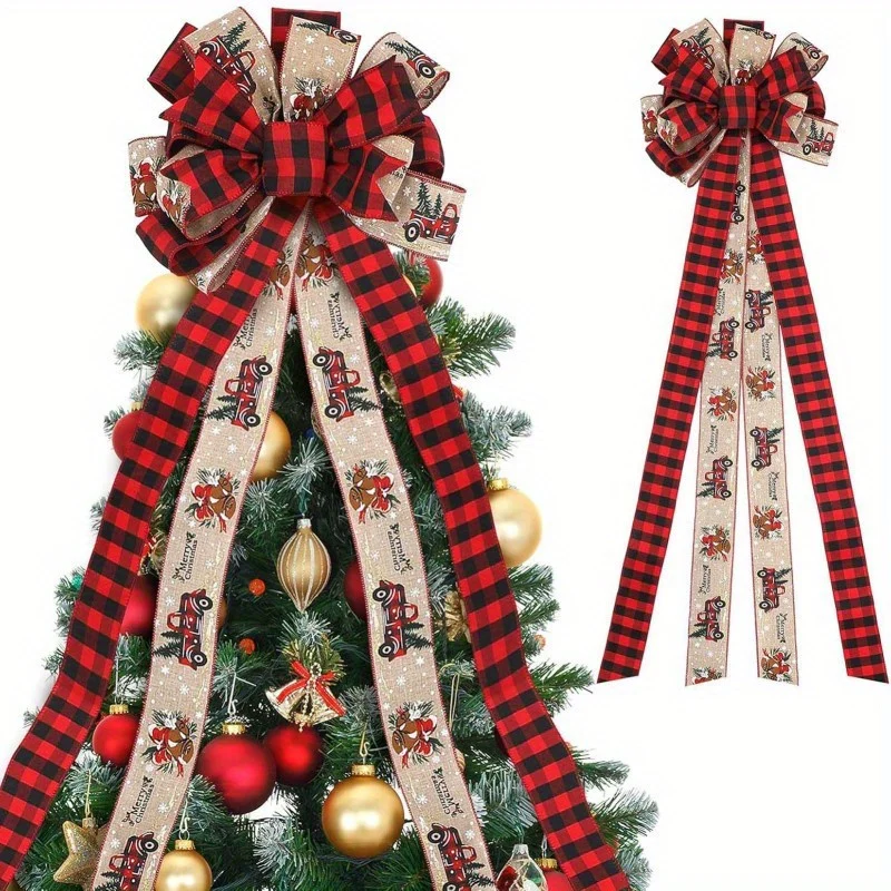 Christmas Tree Topper, Large Christmas Bows Wreath Decoration, Buffalo Plaid Xmas Tree Topper Ornament, Red Xmas Decorative Bow Garland for Indoor Outdoor, Front Door, Merry Party Supplies - Deanwangkt