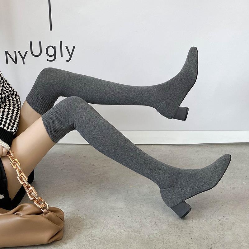 Over-the-Knee Boots Women  New Elastic Socks Boots Chunky Heel High Heel Long Stockings Skinny Boots Spring and Summer Thin - Deanwangkt