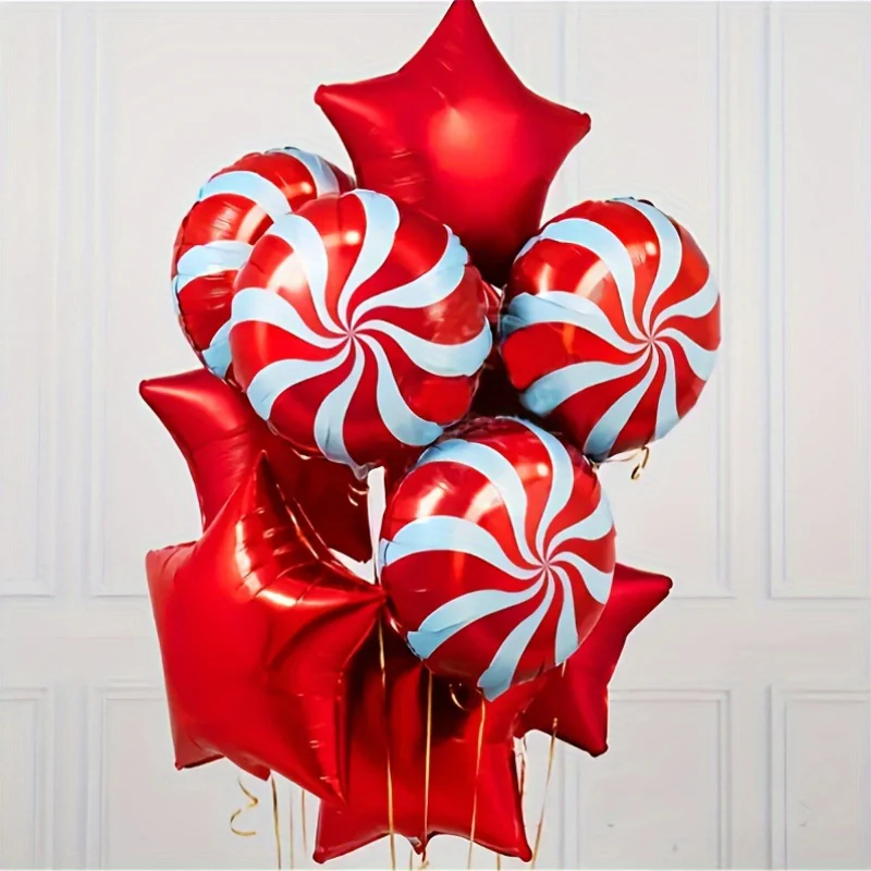 10-Piece Set of Red Candy Cane & Star Shaped Self-Sealing Aluminum Film Balloons for Christmas, Birthday, Wedding, New Year Celebrations - No Electricity Needed - Deanwangkt