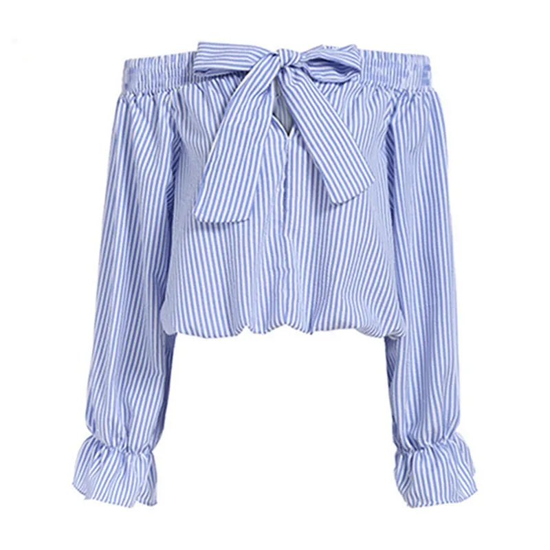 Sexy Off Shoulder Blouse Summer Women Bow Slash Neck Long Sleeve Blue Vertical Striped Shirt Blusas Casual Tops Plus Size - Deanwangkt