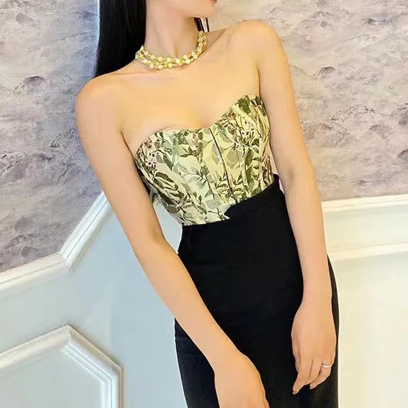 2025 Sistine fish bone small floral tube top beautiful back summer thin outer wear chest wrap without shoulder strap word shoulder inner top women - Deanwangkt