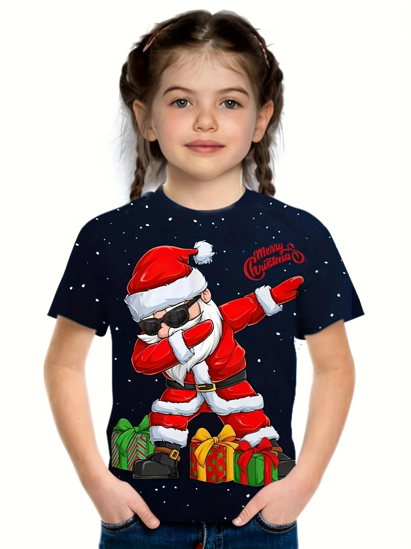 Festive Comfy Dancing Santa Claus Graphic Print Short Sleeve Tee - Tees for Party Girls and Women, Breathable, Soft, Relaxed Fit, Christmas Holiday Party Wear - Deanwangkt
