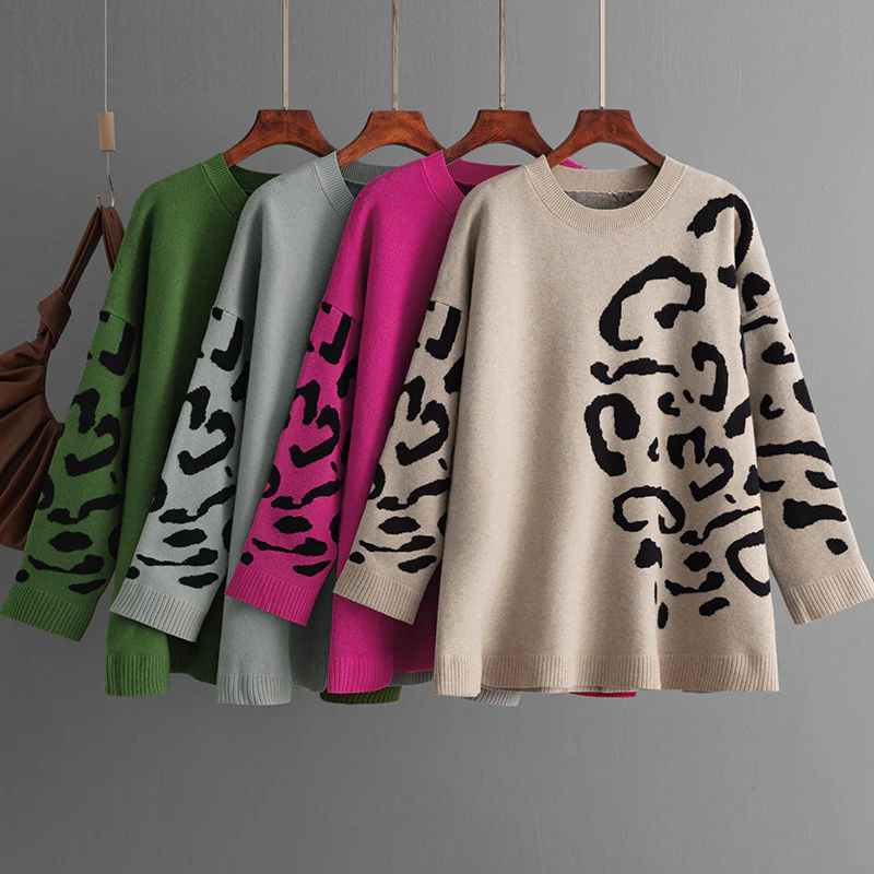 DEANWANGKT Knitted jacquard sweater women's New autumn and winter 2025 new products round neck pullover leopard print long sleeve medium and long bottoming shirt - Deanwangkt