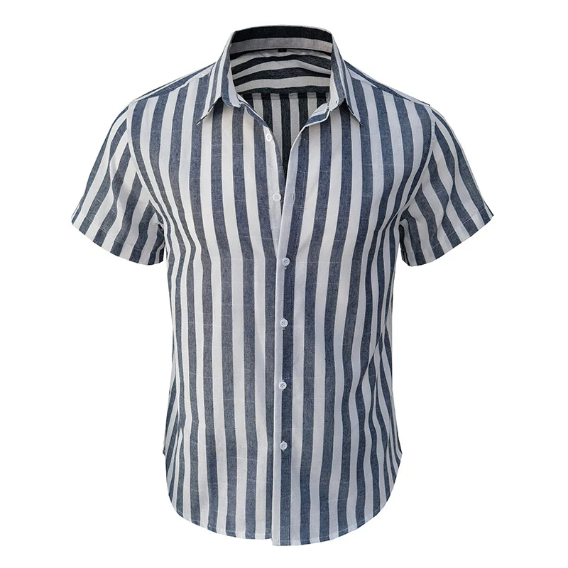 DEANWANGKT 2025 men's casual summer beach fashion short-sleeved striped dress shirt, New Popular trade Hawaiian shirt - Deanwangkt