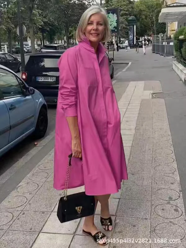 DEANWANGKT New Long Shirt Solid Color Temperament Commute Simple Lapel Cardigan Dress - Deanwangkt