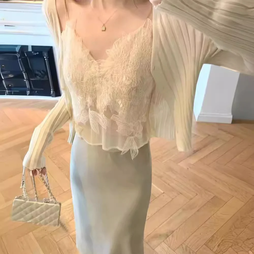 2025 popular Spring  Coffee Break Pure Desire High Sense Small Fragrance Lace Suspender Bottom Knitted Cardigan Top Women - Deanwangkt
