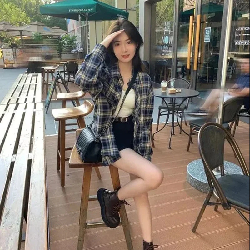 DEANWANGKT  Plaid Shirt Women's Spring and Summer Power Wear Wear Idle Style Design Sense Loose Shirt Long Sleeve Tup Cardigan Coat - Deanwangkt