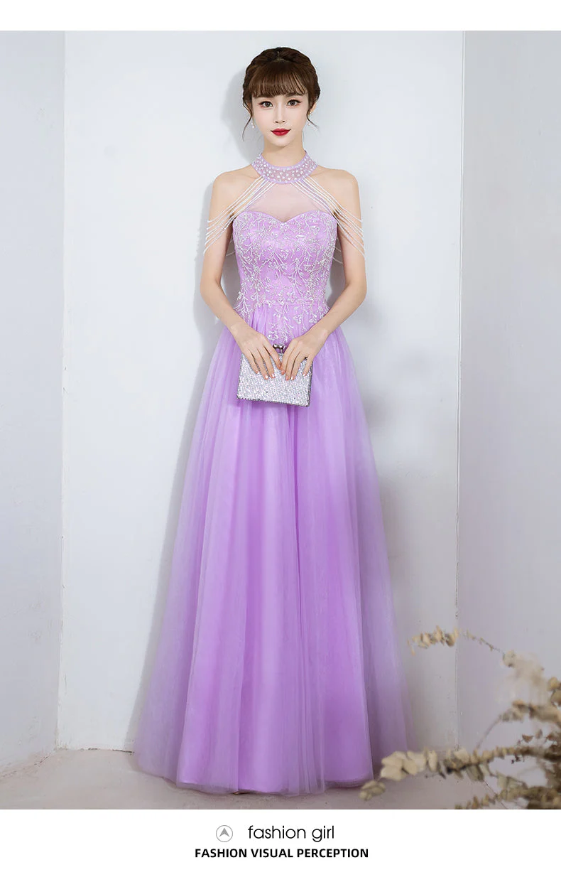Solvbao Purple Tulle Beaded Floor Length A-line Prom Dress, Long Evening Dress Party Dress - Deanwangkt