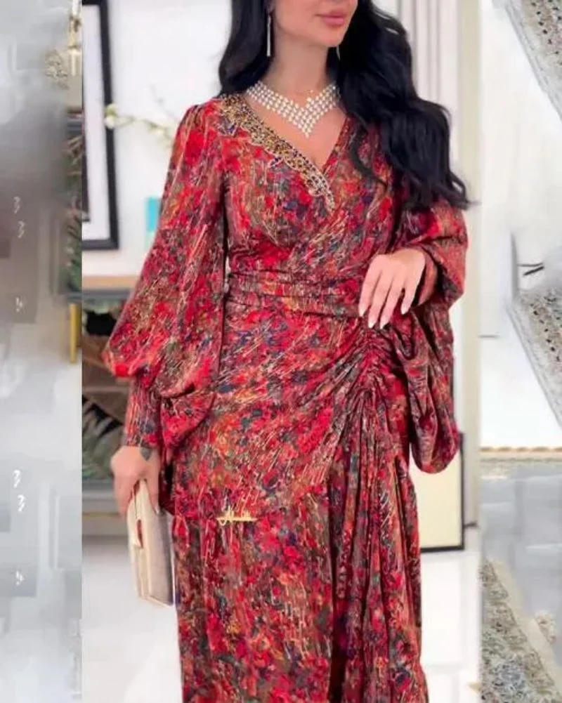 2023 spring and summer new New Popular trade  long dress splicing waist skirt V-neck printed belt belt dress - Deanwangkt