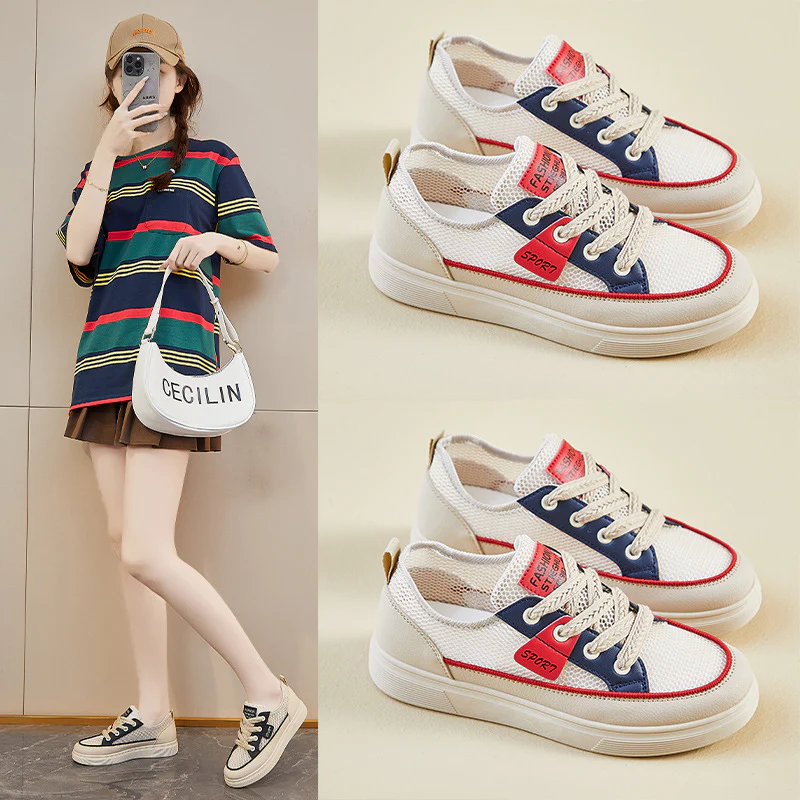 2025 summer little white shoes new Korean version ins female students thick sole heightening mesh breathable casual board shoes KT281 - Deanwangkt