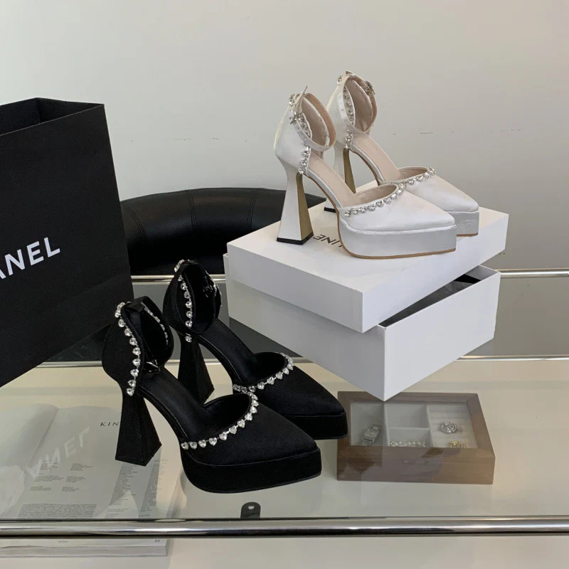 DEANWANGK  12cm Rhinestone Chain Fairy Women's Chunky Heels  Spring and Summer New  Style Temperament Pointed-Toe Hollowed Closed Toe High Heel Cool - Deanwangkt