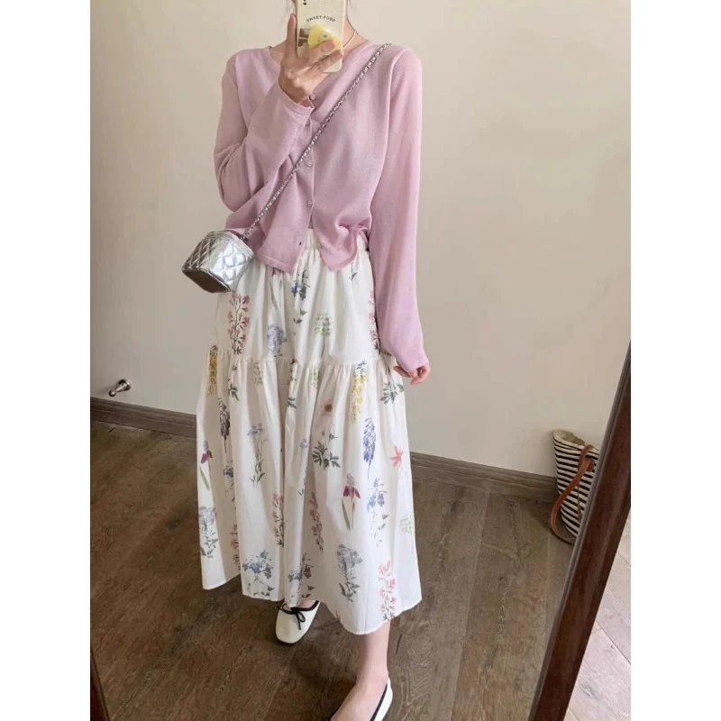 summer new  retro gentle wind floral skirt high waist drape big skirt medium and long skirt - Deanwangkt