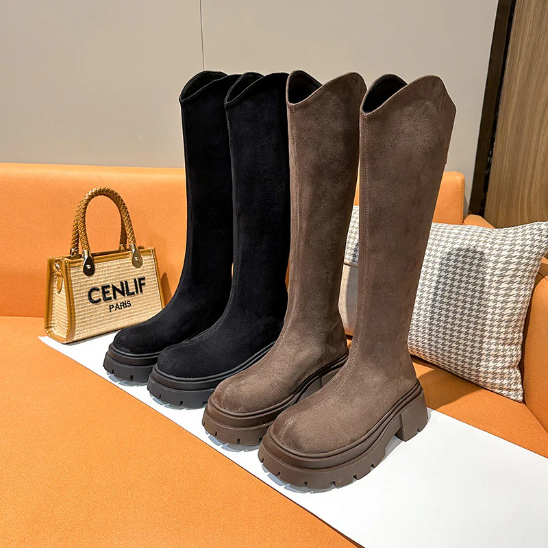 2025  Long boots women's thick legs autumn and winter big tube circumference long boots suede fat mm women's boots new fat sister widened boots - Deanwangkt