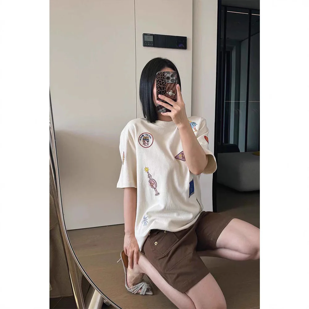 Siyuan SS same story embroidery decorative label kapok long/short sleeve T-shirt women's high sense 25 spring and summer new 7821 - Deanwangkt