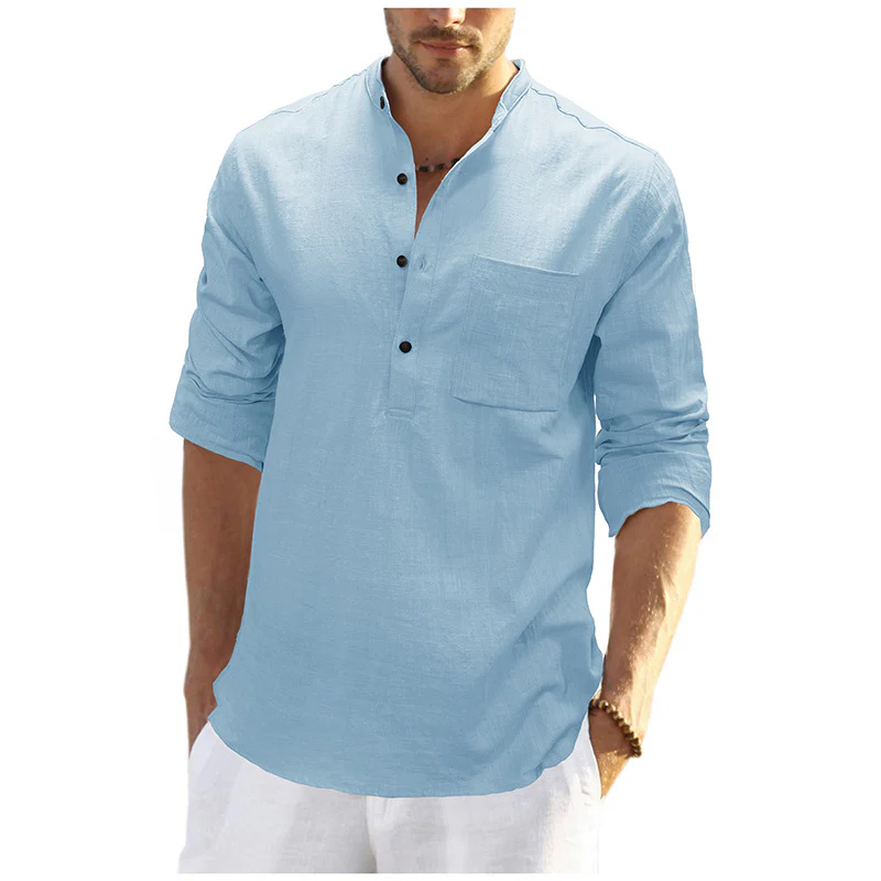DEANWANGKT 2025 men's clothing  autumn and winter cotton and linen shirts, Popular trade long-sleeved Henry collar tops, loose men's linen shirts - Deanwangkt
