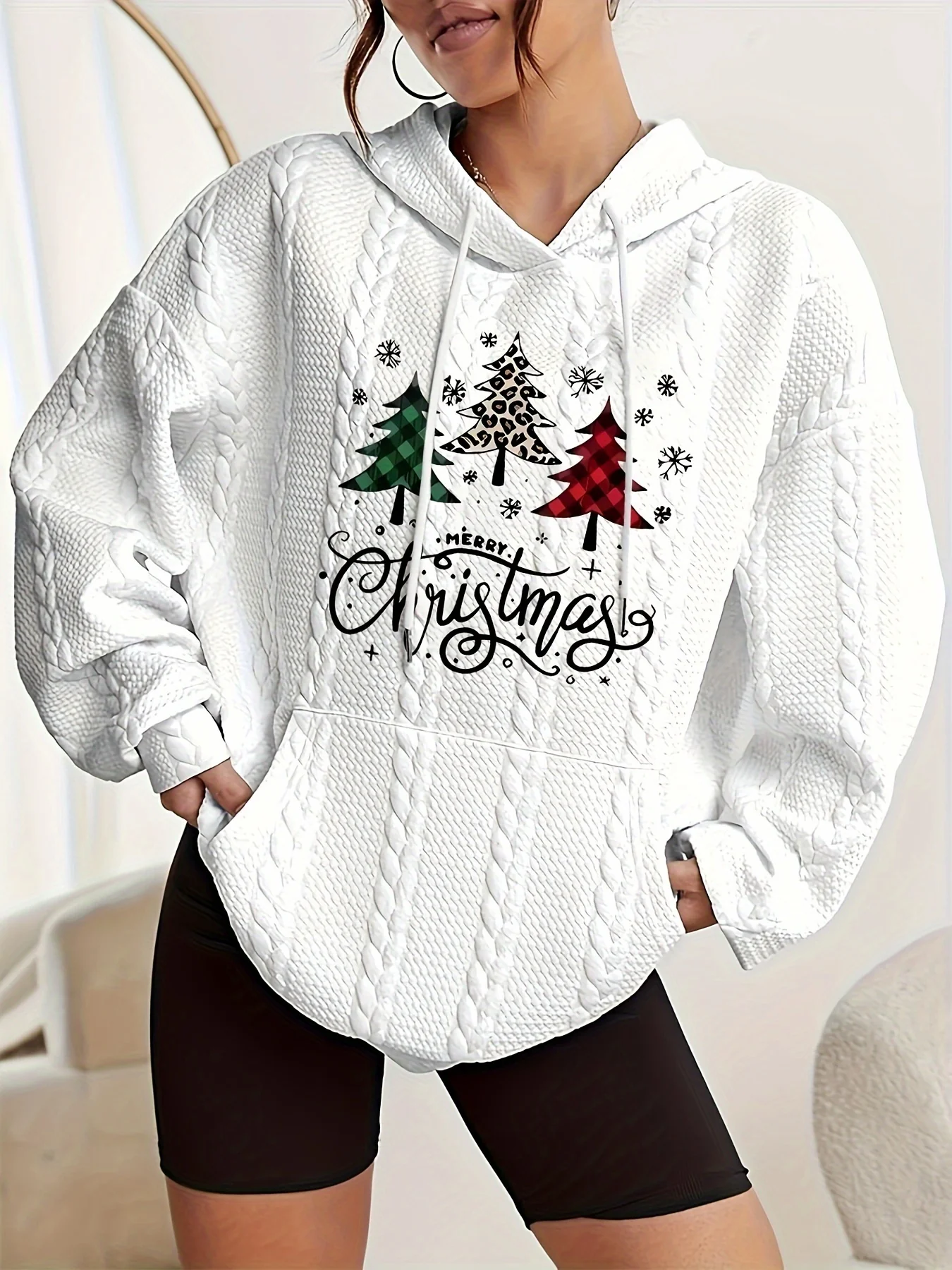 Women's Plus Size Casual Christmas Tree Print Hoodie, Long Sleeve Hooded Sweatshirt with Kangaroo Pocket and Drawstring - Deanwangkt